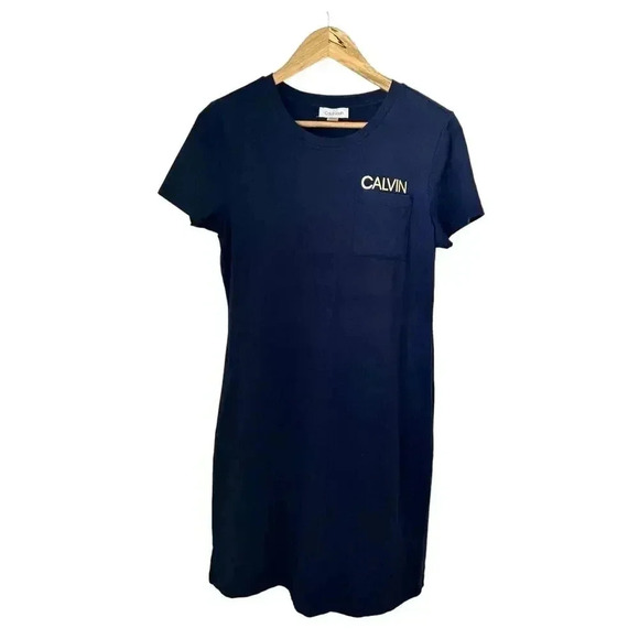 Calvin Klein Navy Blue Tshirt Dress Pocket Metallic Logo Cotton Knee Length Sz M - Picture 1 of 7